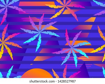 Seamless pattern with palm trees and the sun, colorful gradient in the style of the 80s. Summer striped retro background. Vector illustration