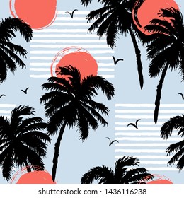 Seamless pattern with palm trees, sun. Vector illustration.