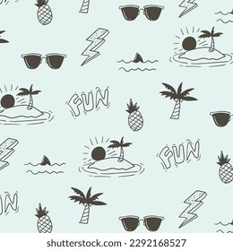 Seamless pattern with palm trees, sun and sunglasses. Summer background