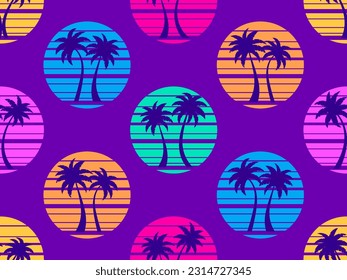 Seamless pattern with palm trees at sunset 80s retro style. Summer time, futuristic sun with palm trees in synthwave style. Design for print, promotional items, cover and poster. Vector illustration
