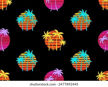 Seamless pattern with palm trees at sunset in retro 80s style. Silhouettes of palm trees and the sun with a black outline in the style of synthwave and retrowave. Tropical palms. Vector illustration