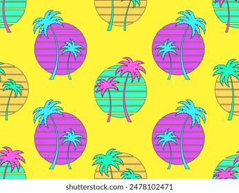 Seamless pattern with palm trees at sunset in retro 80s style. Silhouettes of palm trees and the sun with a black outline in the style of synthwave and retrowave. Tropical palms. Vector illustration
