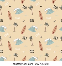 Seamless pattern with palm trees, surfboard and waves. Retro hand-drawn vector.