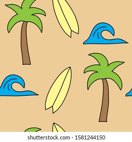 seamless pattern with palm trees, surfboards and water waves