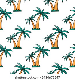 Seamless pattern Palm trees. Tropical tree. Hand drawn vector illustration. Colored background. Botanical Garden. Vacation on the beach. Exotic plant.