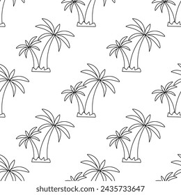 Palmeras sin costuras. Árbol tropical. Dibujado a mano ilustración vectorial. línea doodle para colorear fondo. Jardín Botánico. Vacaciones en la playa. Planta exótica.