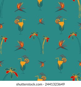 Seamless pattern, palm trees, tropical flowers, cocktail. Hand drawn elements