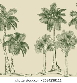 Seamless pattern with palm trees and tropical plants. Toile de Jouy style. Hand drawn vector illustration.