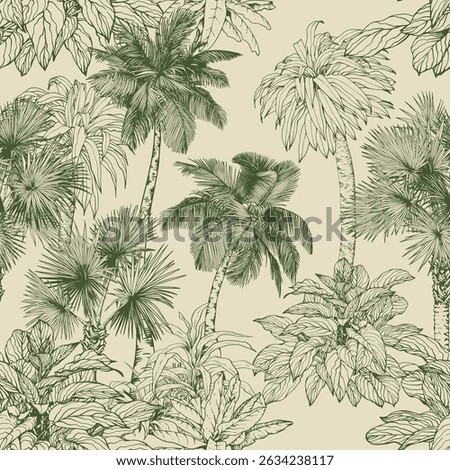 Seamless pattern with palm trees and tropical plants. Toile de Jouy style. Hand drawn vector illustration.