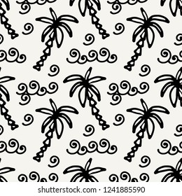 Seamless pattern with palm trees, waves. Summer repeating background