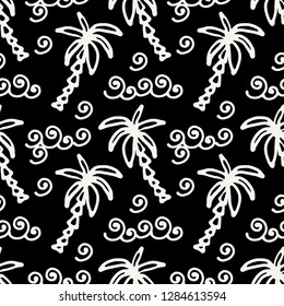 Seamless pattern with palm trees, waves. Summer repeating background