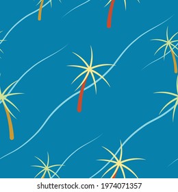 Seamless pattern with palm trees and waves on blue background. For textile, paper, packaging, wrapping paper. Vector pattern.