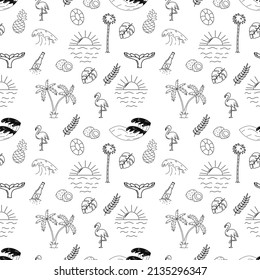 Seamless pattern with palm trees, waves, sun and other elements. Outline vector illustration for t-shirt prints, posters and other uses.