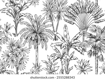 Seamless pattern with palm trees.Black and white hand drawn sketch.Foliage design.Tropical Hawaiian background. Vector botanical illustration.