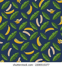 Nahtloses Muster mit Palmen und Bananen. Tropischer Vektorhintergrund mit einzelnen Objekten auf Blau.