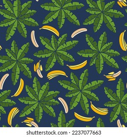 Seamless pattern with palms and bananas. Tropical vector background with isolated objects on blue.