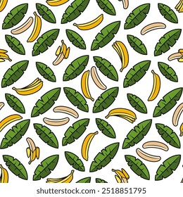 Seamless pattern with palms and bananas. Tropical vector background with isolated objects on white.