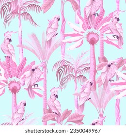 Seamless pattern with palms and cockatoo. Vector