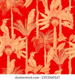 Seamless pattern with palms and cockatoo. Vector