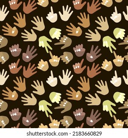 Seamless Pattern Of Palms Of Different Races, Different Colors. For Mental Math School, Math Course, Creative Children. Finger Counting. Math. Modern Design, Illustration Of The Unity Of All People.