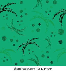 Seamless pattern palms and dots green tones repeat endless background for textile, fabric prints, clothing, wallpaper