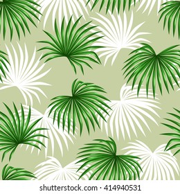 Seamless pattern with palms leaves. Decorative image tropical leaf of palm tree Livistona Rotundifolia. Background made without clipping mask. Easy to use for backdrop, textile, wrapping paper.