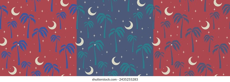 Seamless pattern with palms at night illustration. Minimalist colorful boho art print