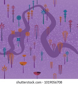 seamless pattern of palms from other trees with a path in the forest
