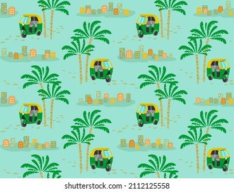 Seamless pattern,  Palms and Tuk tuk cartoon images, Auto rickshaw images, Taxi. Interior wallpaper