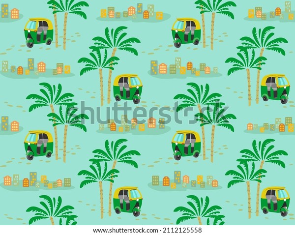 Seamless pattern,  Palms and Tuk\
tuk cartoon images, Auto rickshaw images, Taxi. Interior\
wallpaper