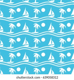 Seamless pattern with palmtrees and boats. Ongoing backgrounds of marine theme.