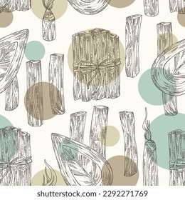 Seamless pattern with palo santo: palo santo wood  and palo santo sticks. Bulnesia sarmientoi. Cosmetic, perfumery and medical plant. Vector hand drawn illustration