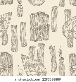 Seamless pattern with palo santo: palo santo wood  and palo santo sticks. Bulnesia sarmientoi. Cosmetic, perfumery and medical plant. Vector hand drawn illustration