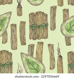 Seamless pattern with palo santo: palo santo wood  and palo santo sticks. Bulnesia sarmientoi. Cosmetic, perfumery and medical plant. Vector hand drawn illustration