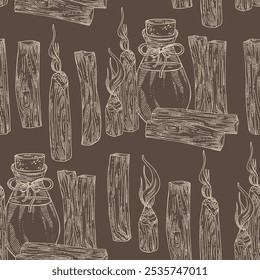 Seamless pattern with palo santo: palo santo wood  and palo santo sticks and bottle of palo santo essential oil. Bulnesia sarmientoi. Cosmetic, perfumery, plant. Vector hand drawn