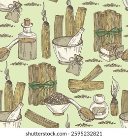 Seamless pattern with palo santo: palo santo wood  and palo santo sticks. Bulnesia sarmientoi. Oil, soap and bath salt . Cosmetics and medical plant. Vector