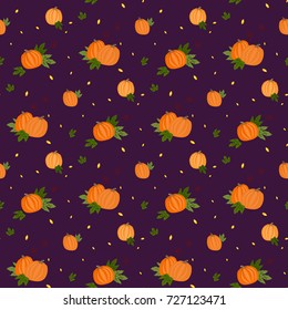 Seamless pattern of pampkins, seeds and leaves on a dark backround