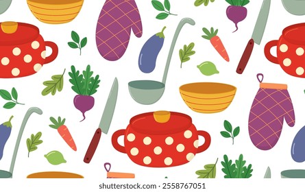 Seamless pattern with pan, kitchen glove, ladle, knife, bowl, vegetables, greens, fruits. Colorful background on a culinary theme