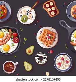 Seamless pattern with Pan of scrambled eggs, pancakes, yogurt, waffles, toast, donut, avocado. Healthy eating, nutrition, natural food, breakfast, cooking concept.