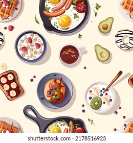 Seamless pattern with Pan of scrambled eggs, pancakes, yogurt, waffles, toast, donut, avocado. Healthy eating, nutrition, natural food, breakfast, cooking concept.