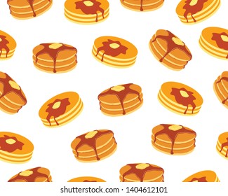 Seamless pattern of pancakes with butter and maple syrup sweet on white background svg