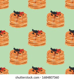 Seamless pattern with pancakes, honey and berries. Delicious pancakes for breakfast. Wallpaper, print, packaging, paper, textile design. Vector illustration.