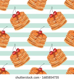 Seamless pattern with pancakes, honey and cherries. Delicious pancakes for breakfast. Wallpaper, print, packaging, paper, textile design. Vector illustration.