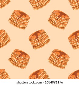 Seamless pattern with pancakes and honey. Delicious pancakes for breakfast. Wallpaper, print, packaging, paper, textile design. Vector illustration.