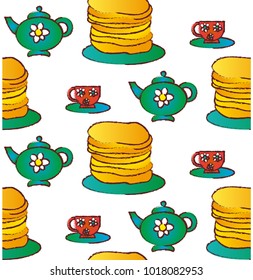 Seamless pattern with pancakes red cup and green teapot . Doodle cartoon ornament for shrovetide holiday. Vector illustration.