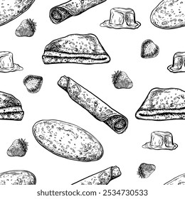 Patrón sin fisuras con panqueques y fresas. Vector Imagen gráfica de la comida. Una ilustración dibujada a mano en blanco y negro. Sobre un fondo blanco. Para menús, carteles o pegatinas, para recetas de cocina.