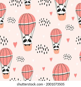 Seamless pattern with a panda in a balloon with rainbows. Vector illustration with pandas for the design of children's clothing, fabrics, towels. Cute bear in the sky. Flat doodle style.