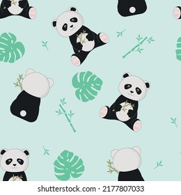 Seamless pattern with panda and bamboo. Cartoon vector illustration