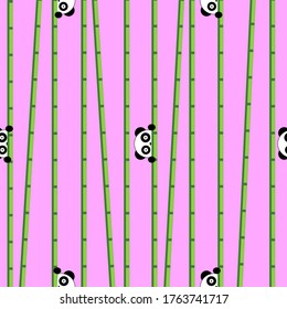 A seamless pattern with panda and bamboo on pink background.