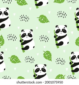 Seamless pattern with a panda with bamboo. Vector illustration with pandas for the design of children's clothing, fabrics, towels. Cute bear in delicious food. Flat doodle style.